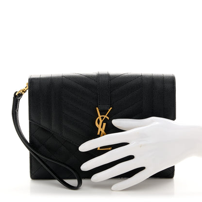 Saint Laurent Grain De Poudre Textured Mixed Matelasse Triquilt Monogram Clutch Black 2 of 11
