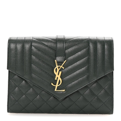 Saint Laurent Grain De Poudre Textured Mixed Matelasse Triquilt Monogram Clutch Vert Fonce 1 of 8