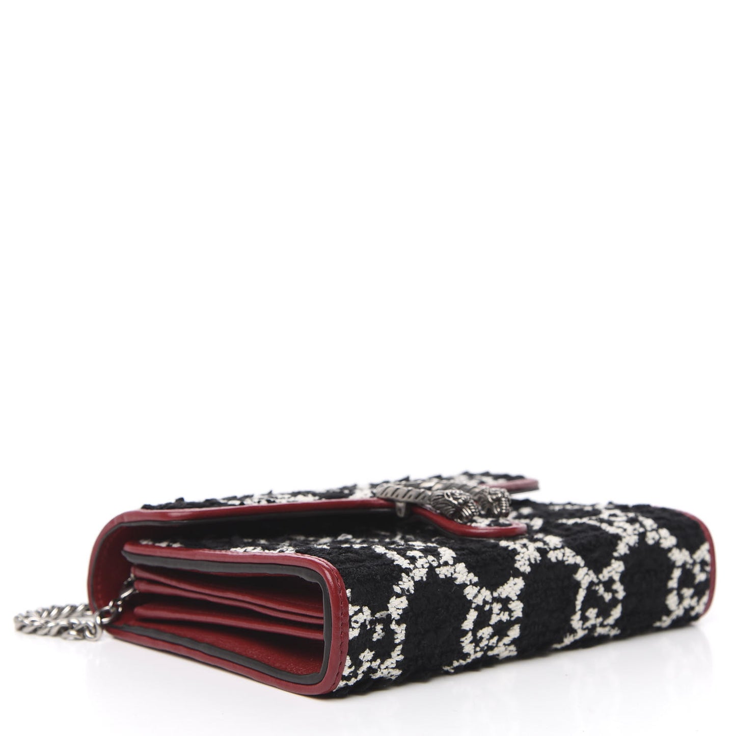 Tweed GG Monogram Mini Dionysus Chain Wallet Black White Romantic Cherry