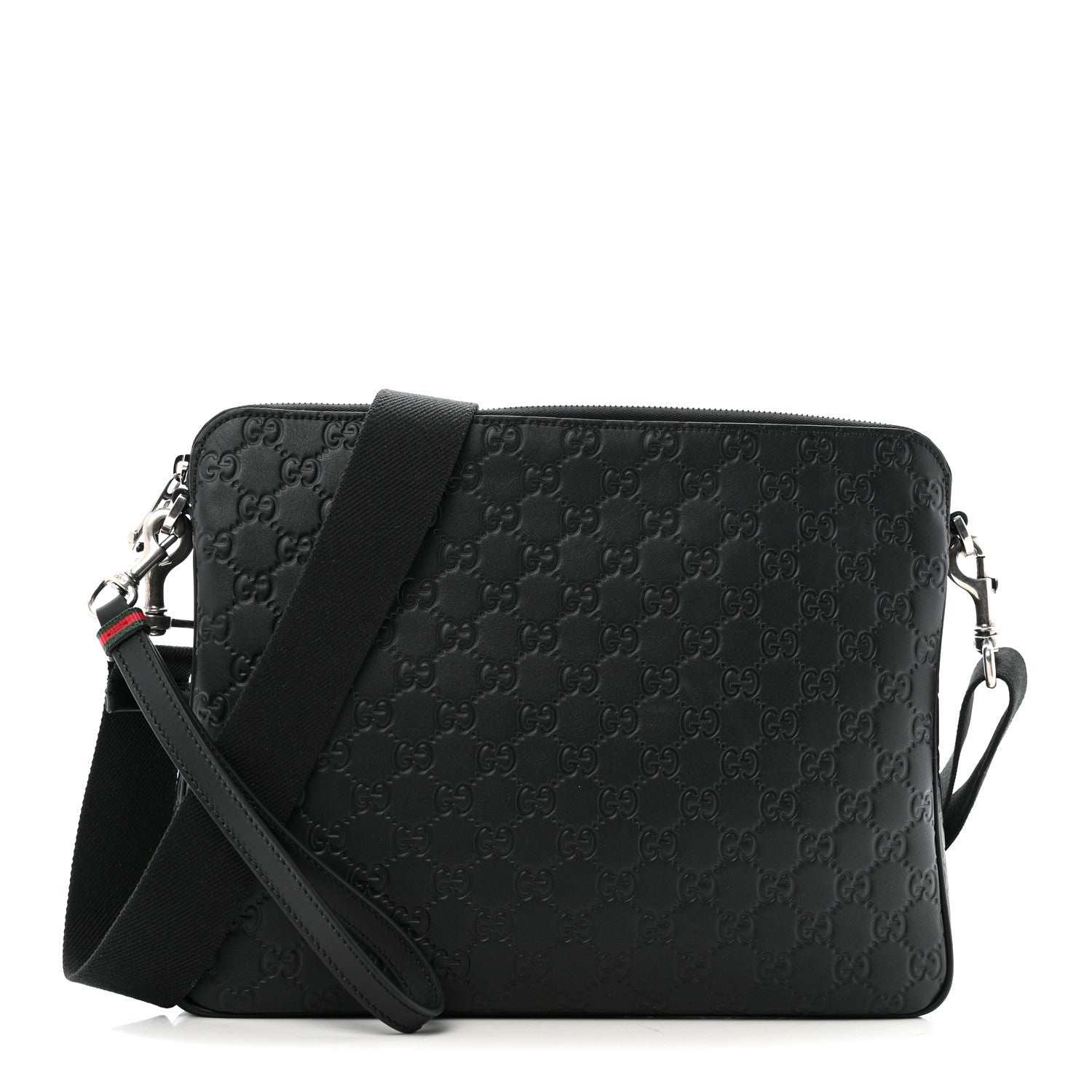 Gucci GG Calfskin Embossed Emblem Medium Crossbody Bag Black 1 of 12