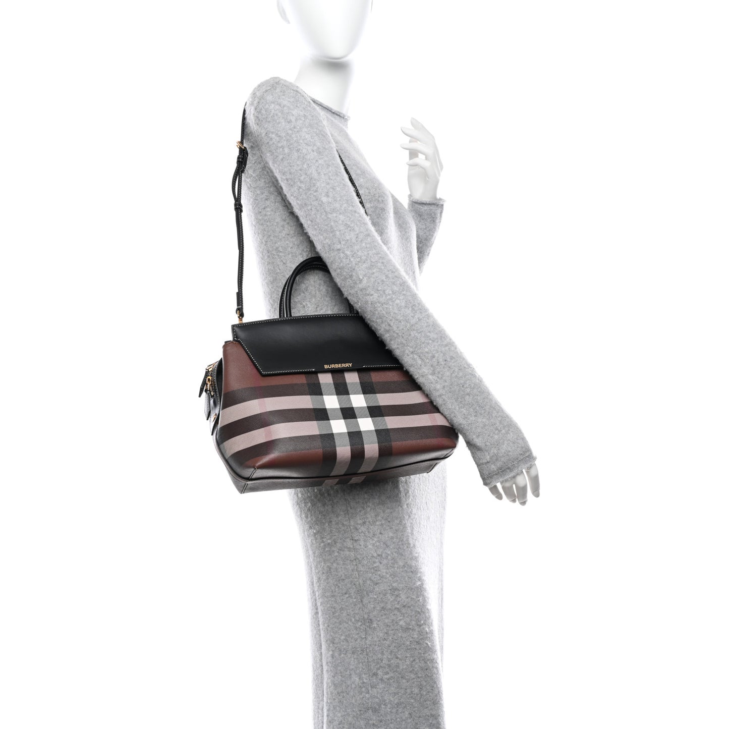 E-Canvas Check Calfskin Medium Catherine Tote Bag Dark Birch Brown