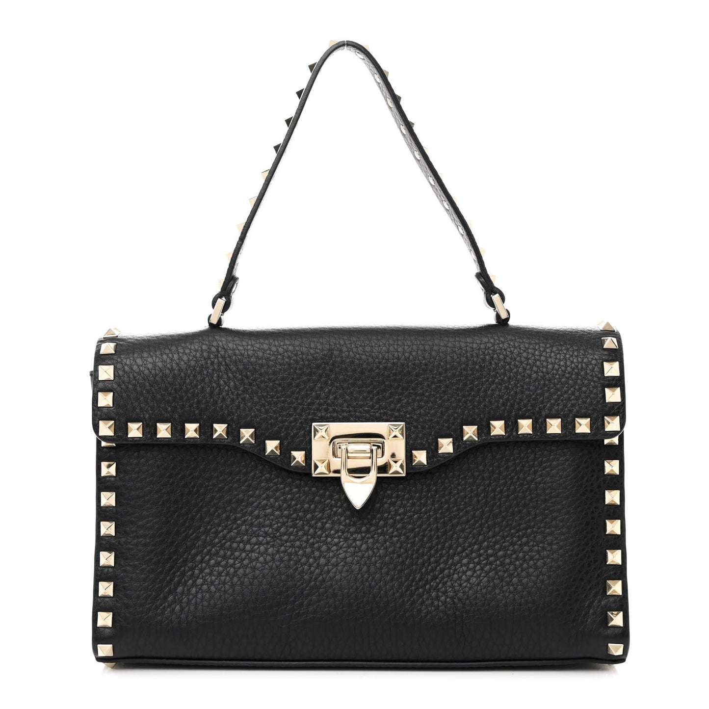 Pebbled Calfskin Rockstud Flip Lock Top Handle Bag Black