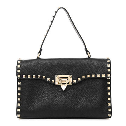 Valentino Garavani Pebbled Calfskin Rockstud Flip Lock Top Handle Bag Black 1 of 11