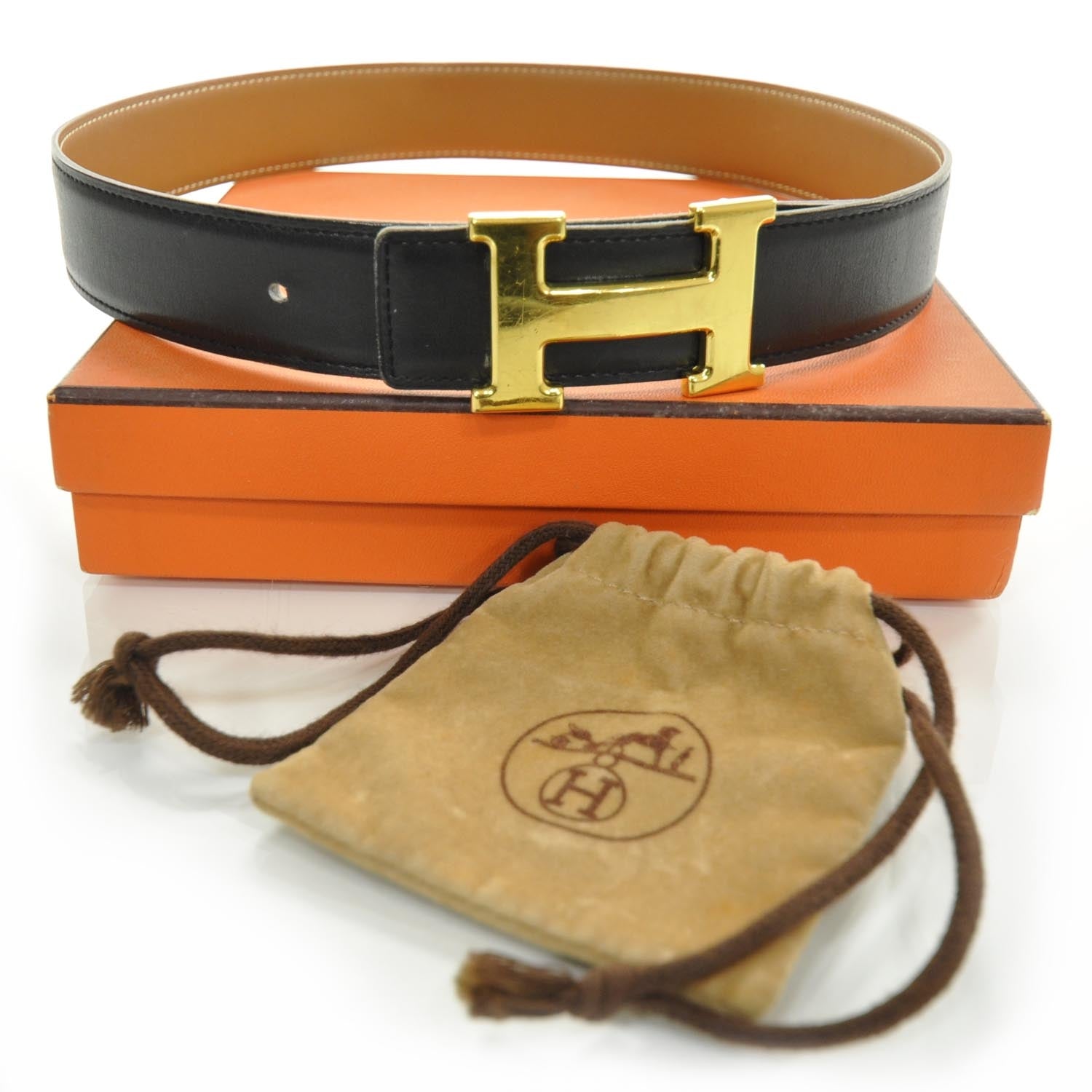 Hermes Leather Reversible H Belt Gold Black 65 3 of 6