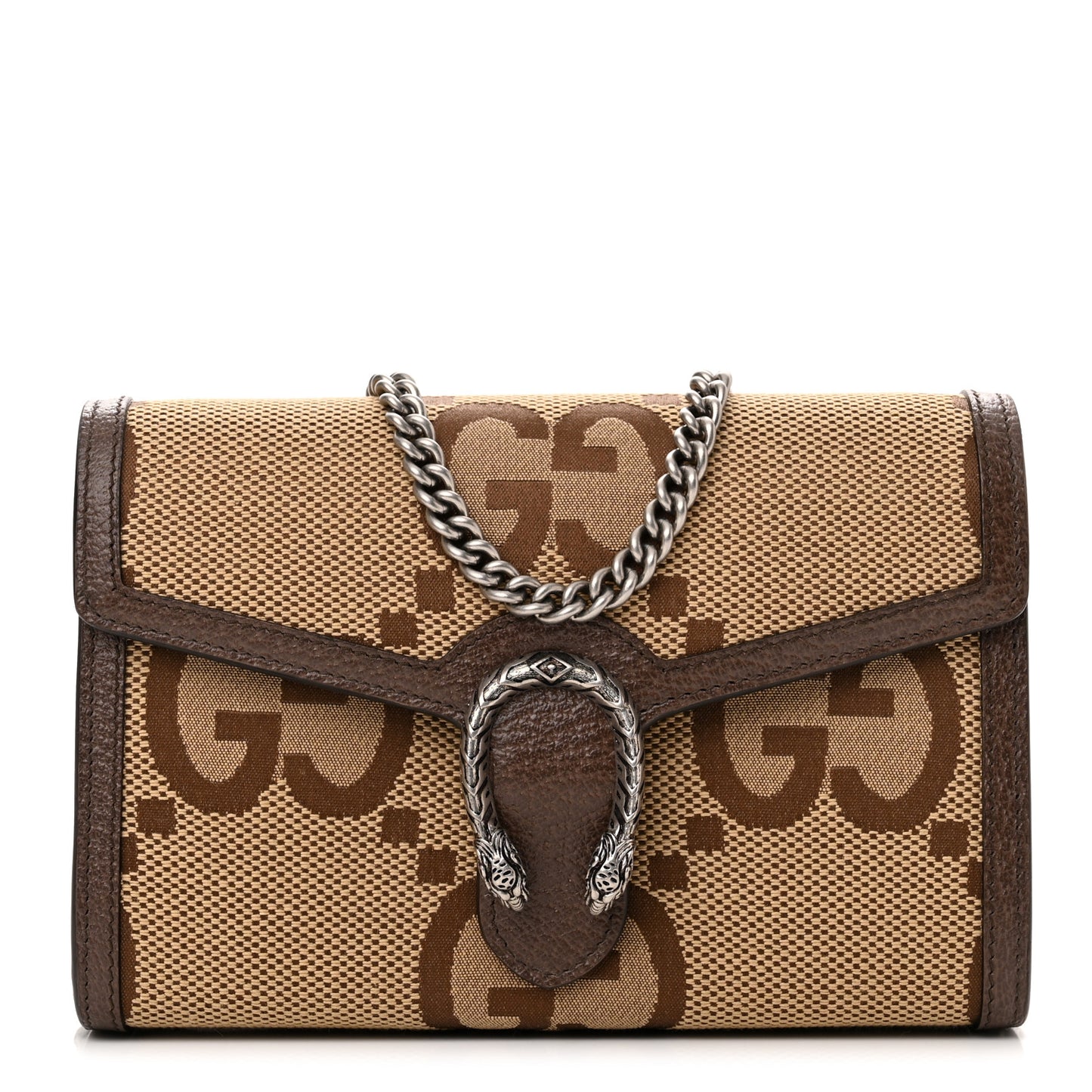 Monogram Jumbo GG Textured Dollar Calfskin Mini Dionysus Chain Wallet Camel Ebony New Acero
