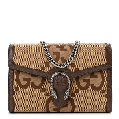 Gucci Monogram Jumbo GG Textured Dollar Calfskin Mini Dionysus Chain Wallet Camel Ebony New Acero 1 of 10