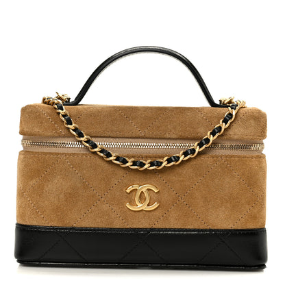 Chanel Suede Calfskin Shiny Lambskin Stitched Top Handle Slim Vanity With Chain Beige Black 1 of 11