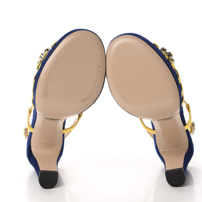 Gucci Velvet Nappa Crystal Zephyra Slingback Platform High Heel Sandals 35.5 Blue Gold 7 of 10