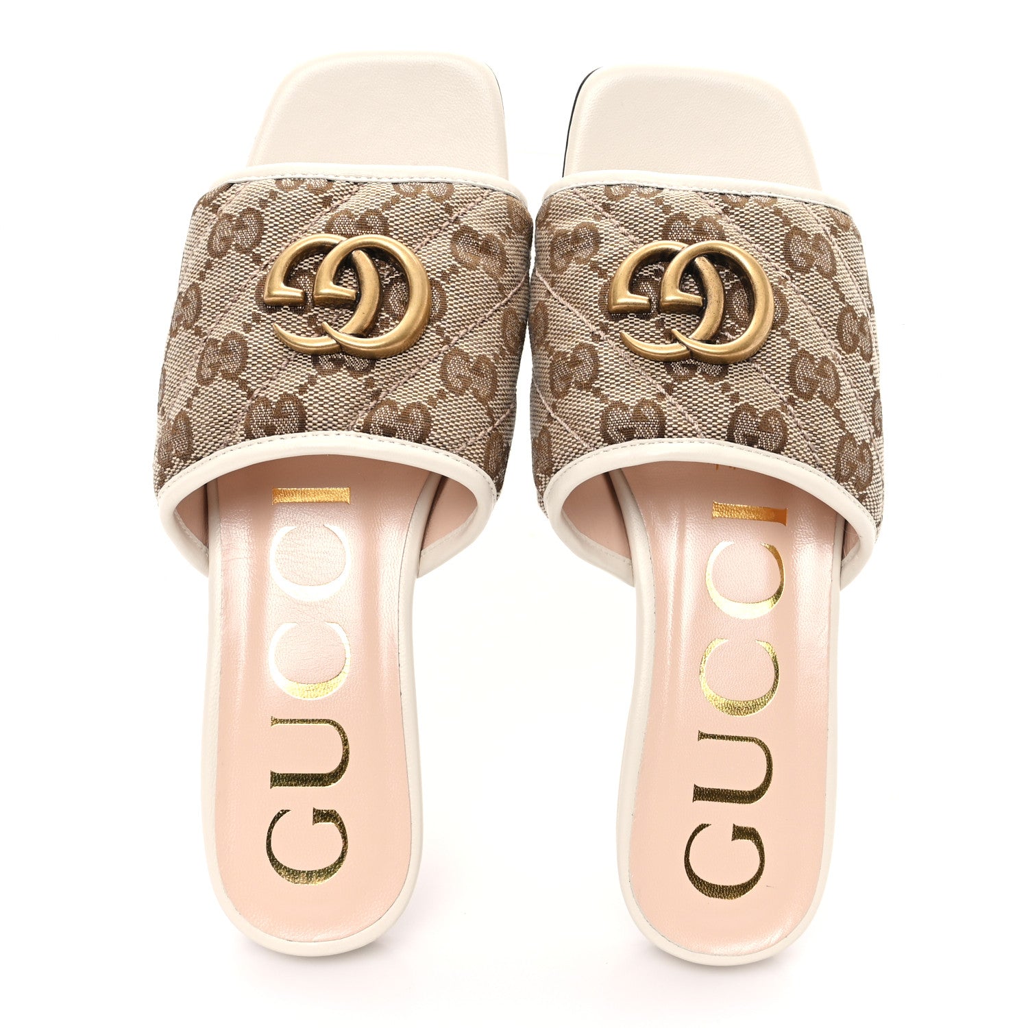 Gucci Monogram Matelasse Diagonal GG Marmont Flat Slide Sandals 35 Beige Ebony Mystic White 2 of 10