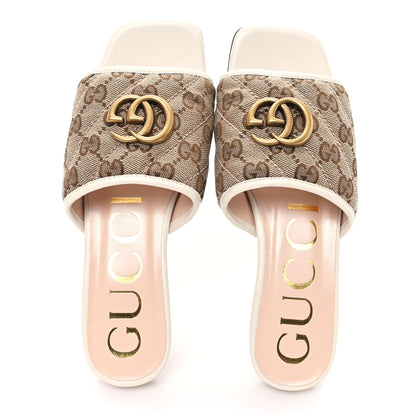 Gucci Monogram Matelasse Diagonal GG Marmont Flat Slide Sandals 35 Beige Ebony Mystic White 2 of 10