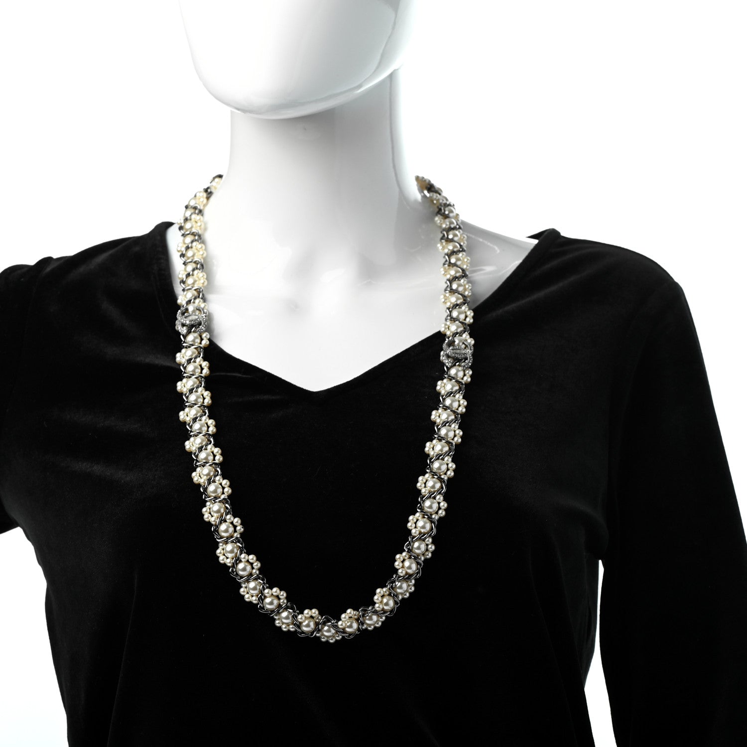 Chanel Crystal Pearl CC Braided Necklace Silver Pearly White 2 of 5