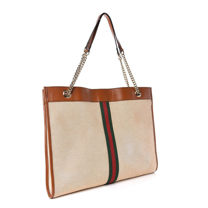 Gucci Vintage Canvas Calfskin Web Large Rajah Chain Tote Sand Light Cuir 4 of 13