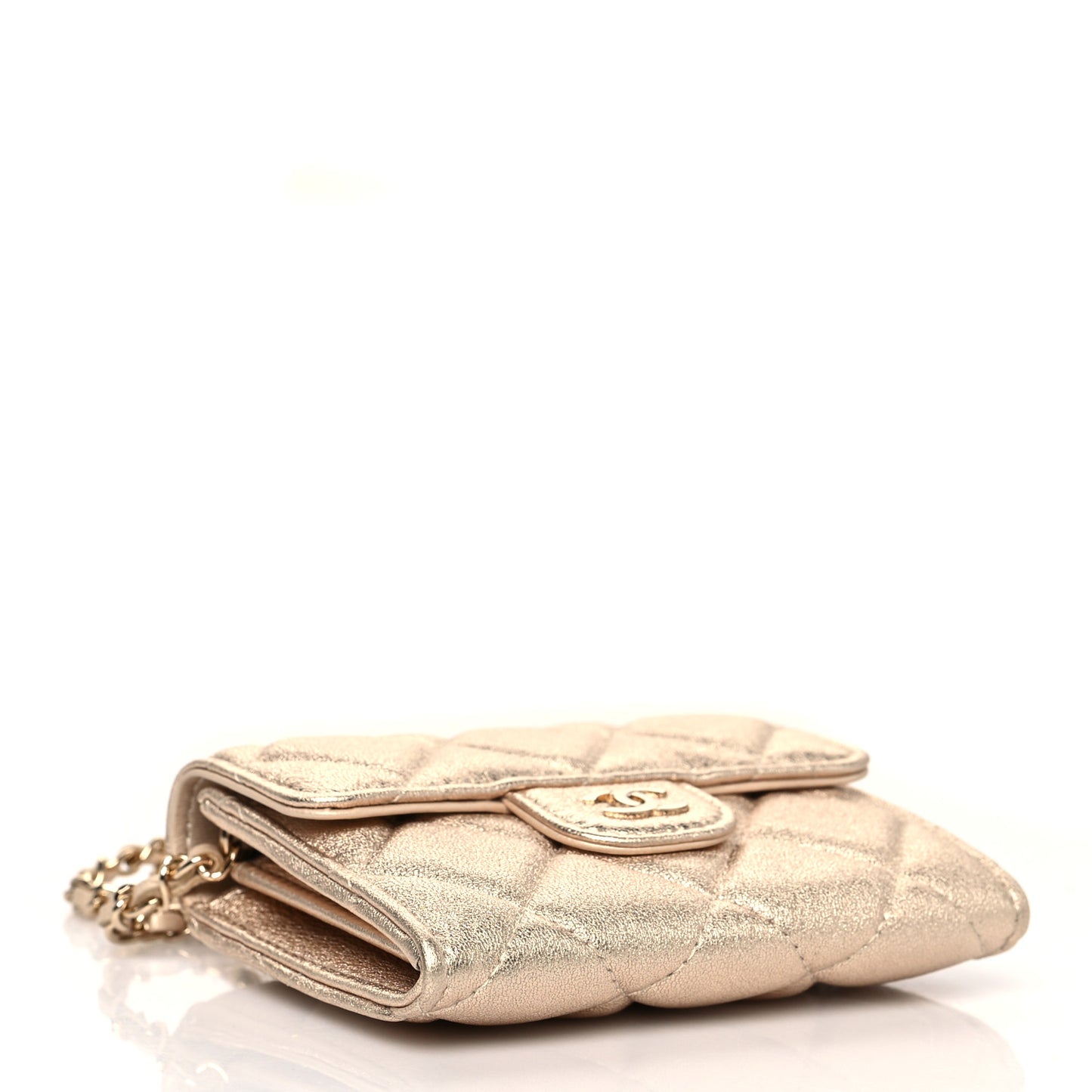 Metallic Lambskin Quilted Flap Card Holder On Chain Gold