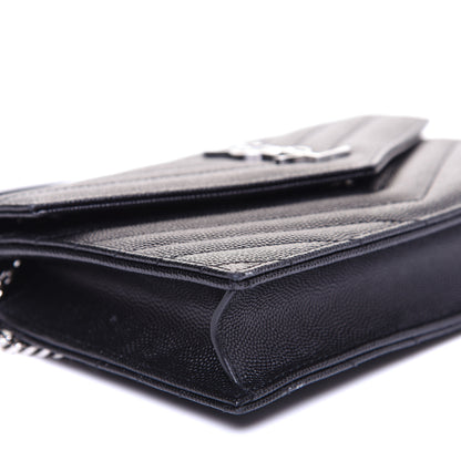 Saint Laurent Grain De Poudre Matelasse Chevron Monogram Envelope Chain Wallet Black 6 of 12