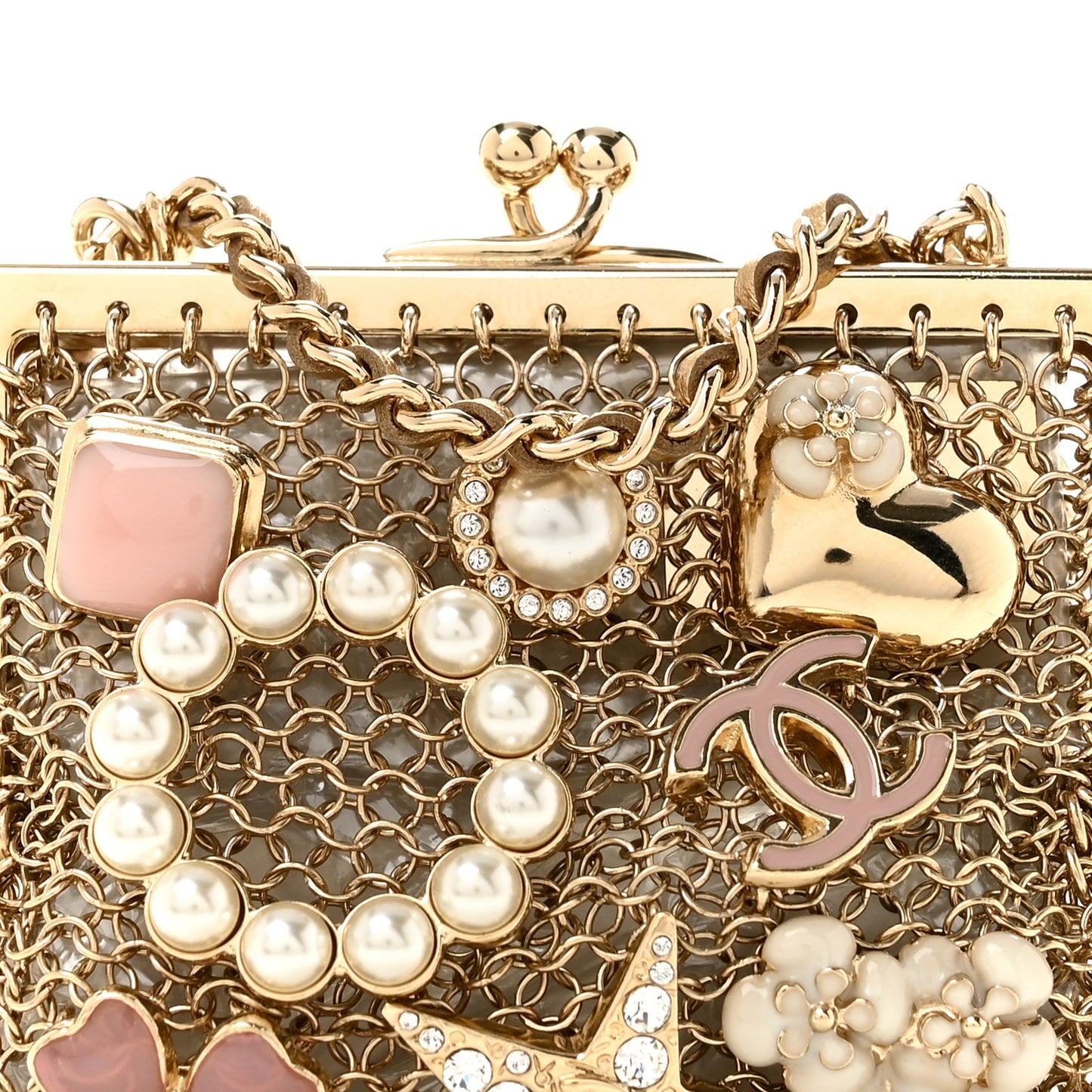 Metal Pearl Enamel Kiss Lock Chain Mail Charm Clutch Gold