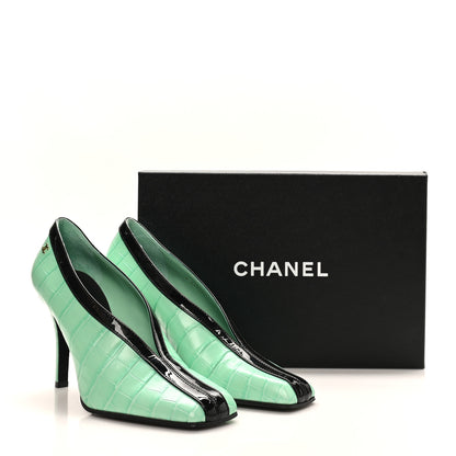 Chanel Crocodile Embossed Patent Calfskin Pumps 39.5 Green Black 10 of 10