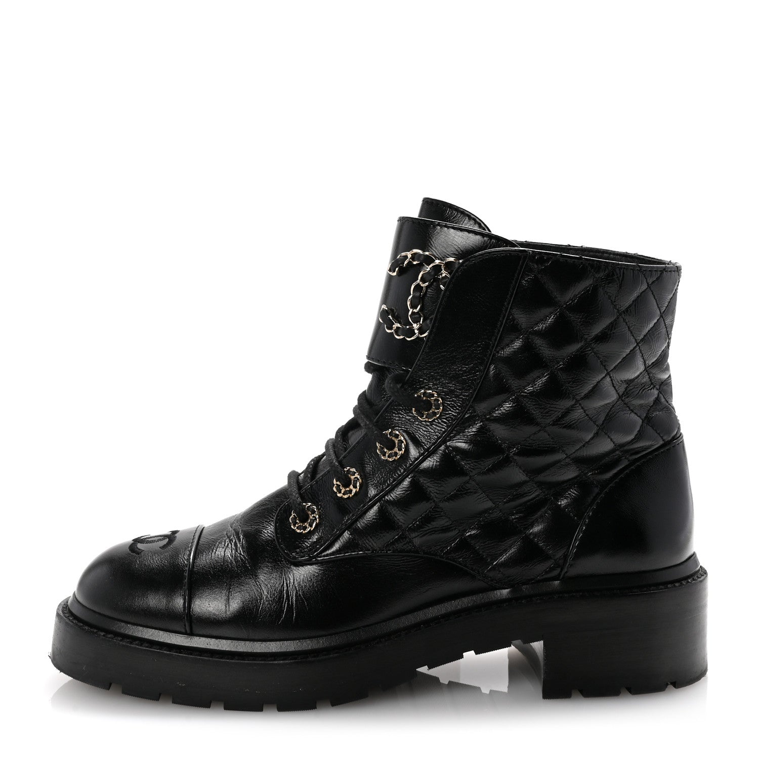 Chanel Shiny Calfskin Quilted Lace Up Combat Boots 40 Black 1 of 11