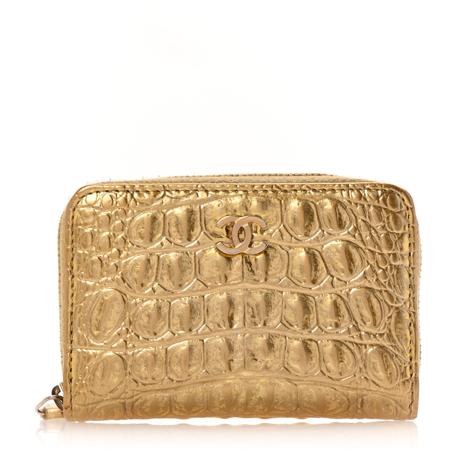Chanel Metallic Calfskin Crocodile Embossed Cocodile Zip Coin Case Gold 1 of 9