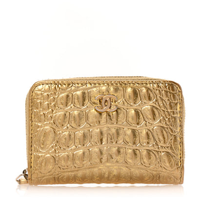 Chanel Metallic Calfskin Crocodile Embossed Cocodile Zip Coin Case Gold 1 of 9