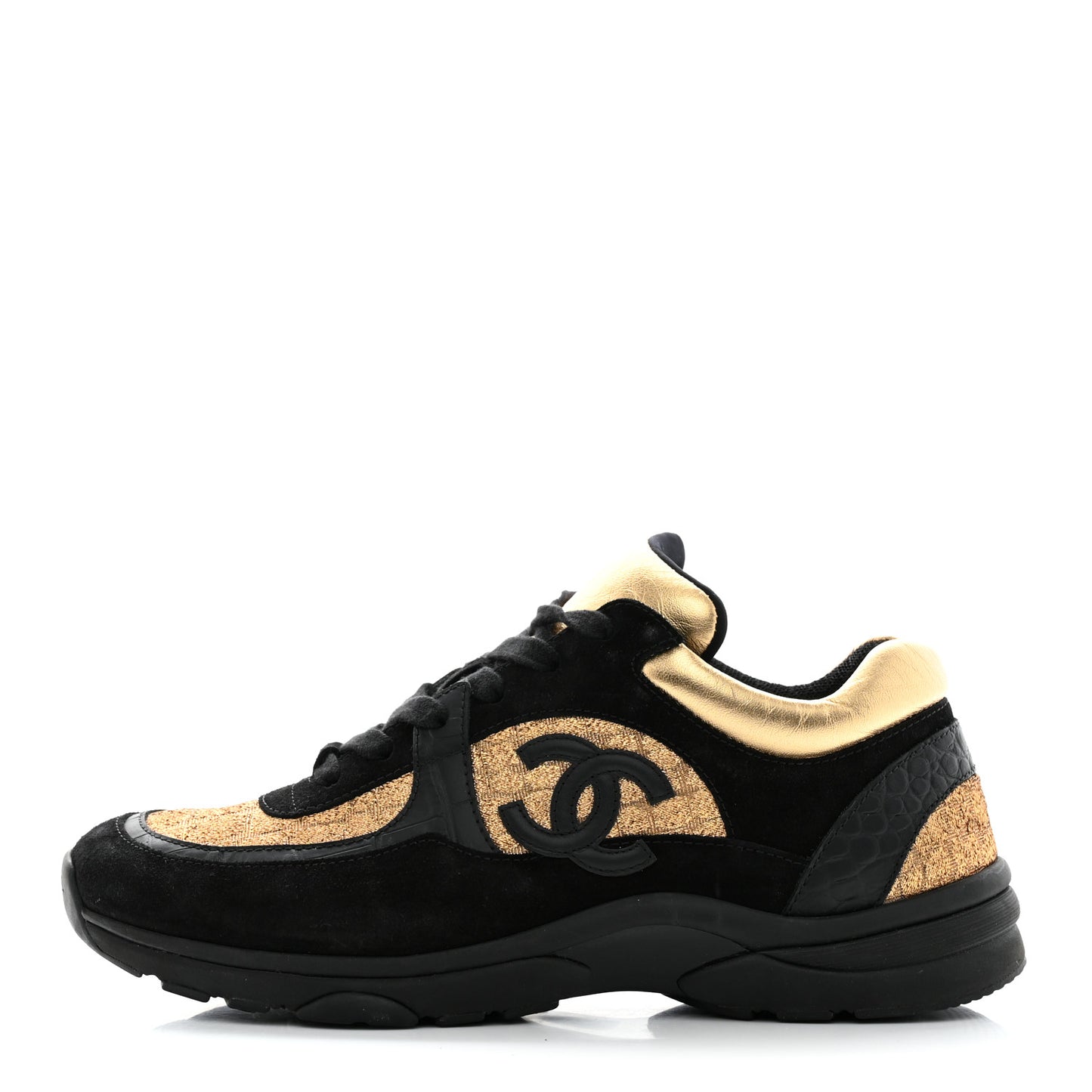 Metallic Fabric Suede Calfskin Crocodile Embossed Mens CC Sneakers 43 Black Gold