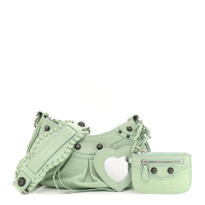 Balenciaga Extra Supple Calfskin Crocodile Embossed Le Cagole Shoulder Bag XS Light Green 1 of 12