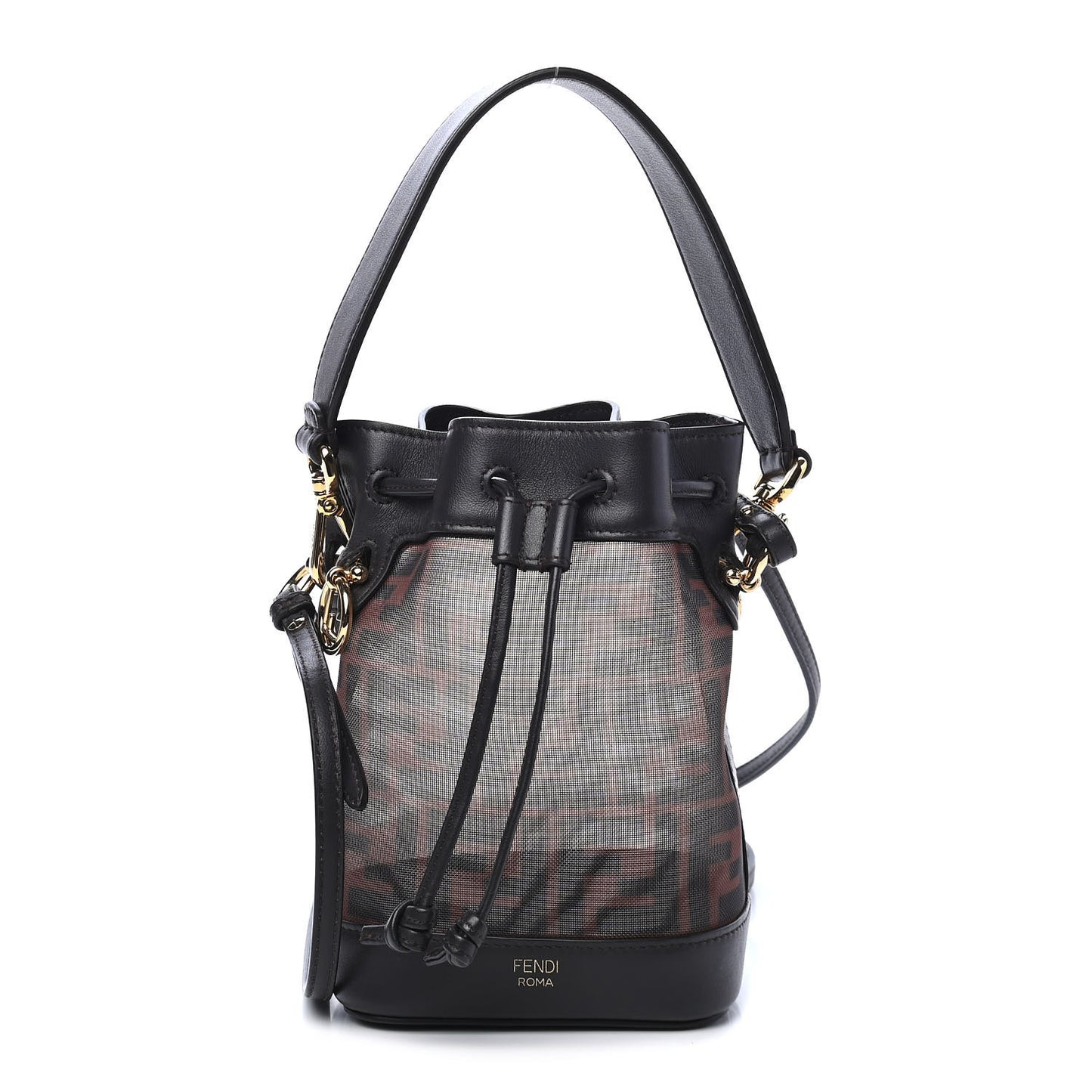 Mesh Vitello Grace F is Fendi FF 1974 Mini Mon Tresor Bucket Bag Marrone Black Ebano