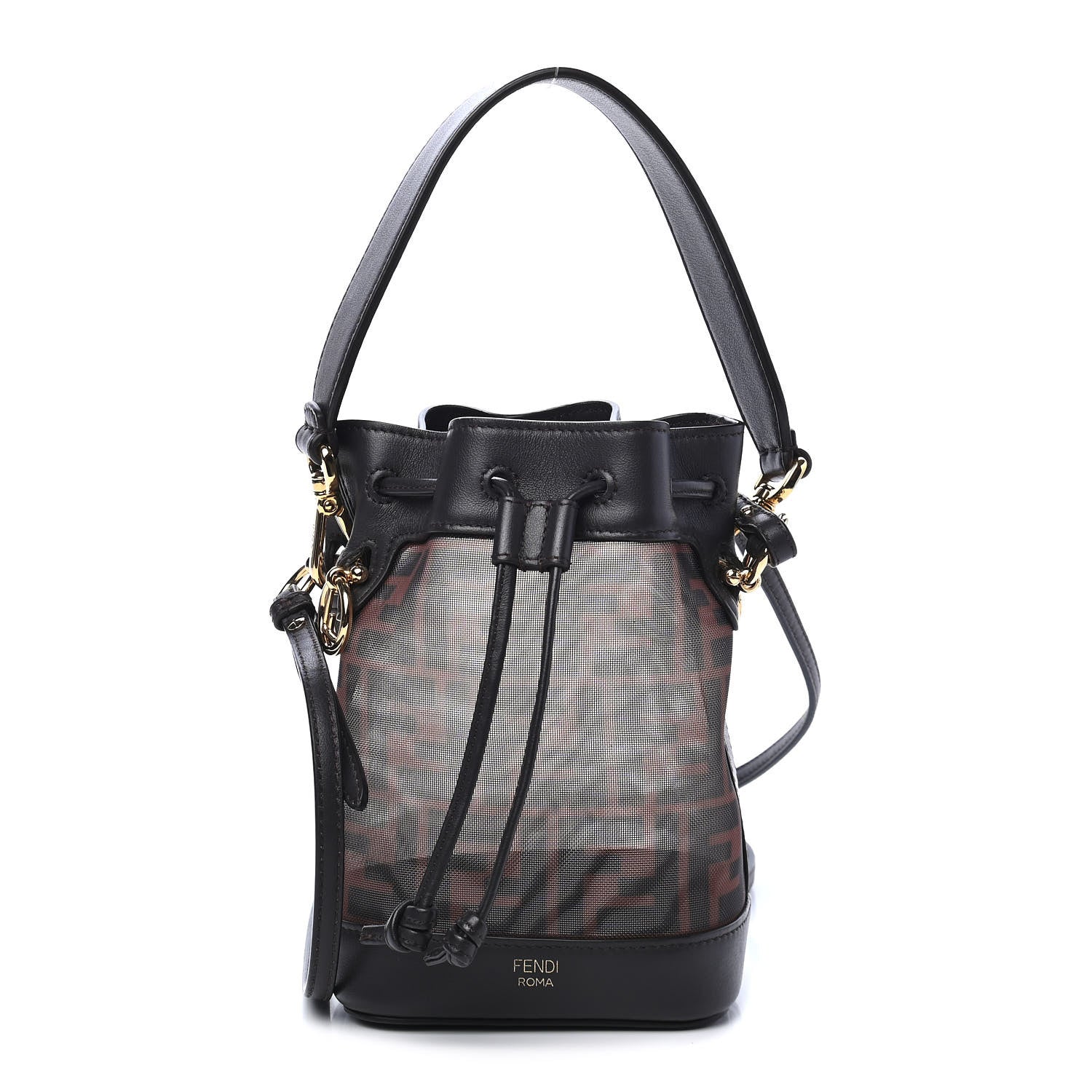 Fendi Mesh Vitello Grace F is Fendi FF 1974 Mini Mon Tresor Bucket Bag Marrone Black Ebano 1 of 9