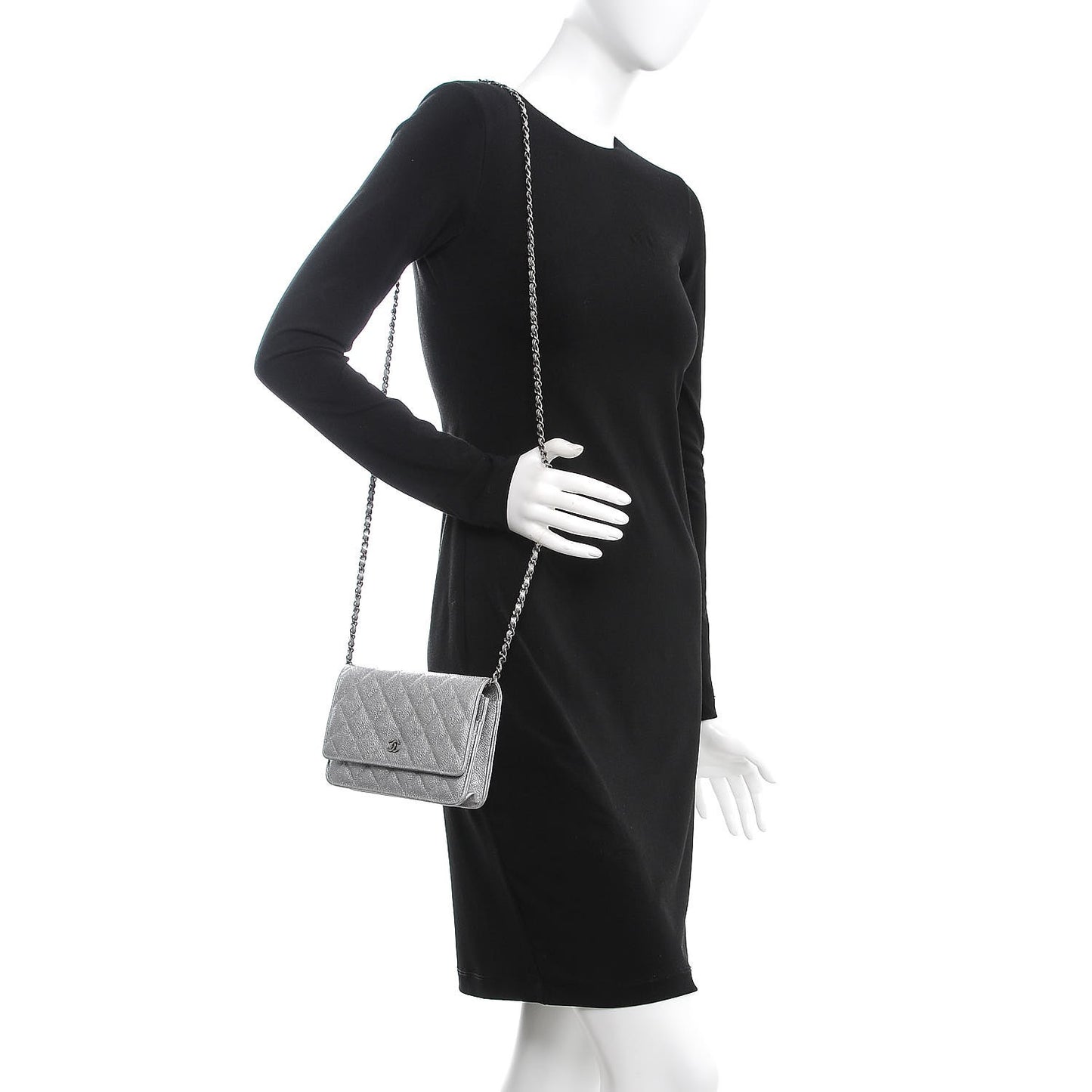 Metallic Caviar Quilted Wallet on Chain WOC Silver