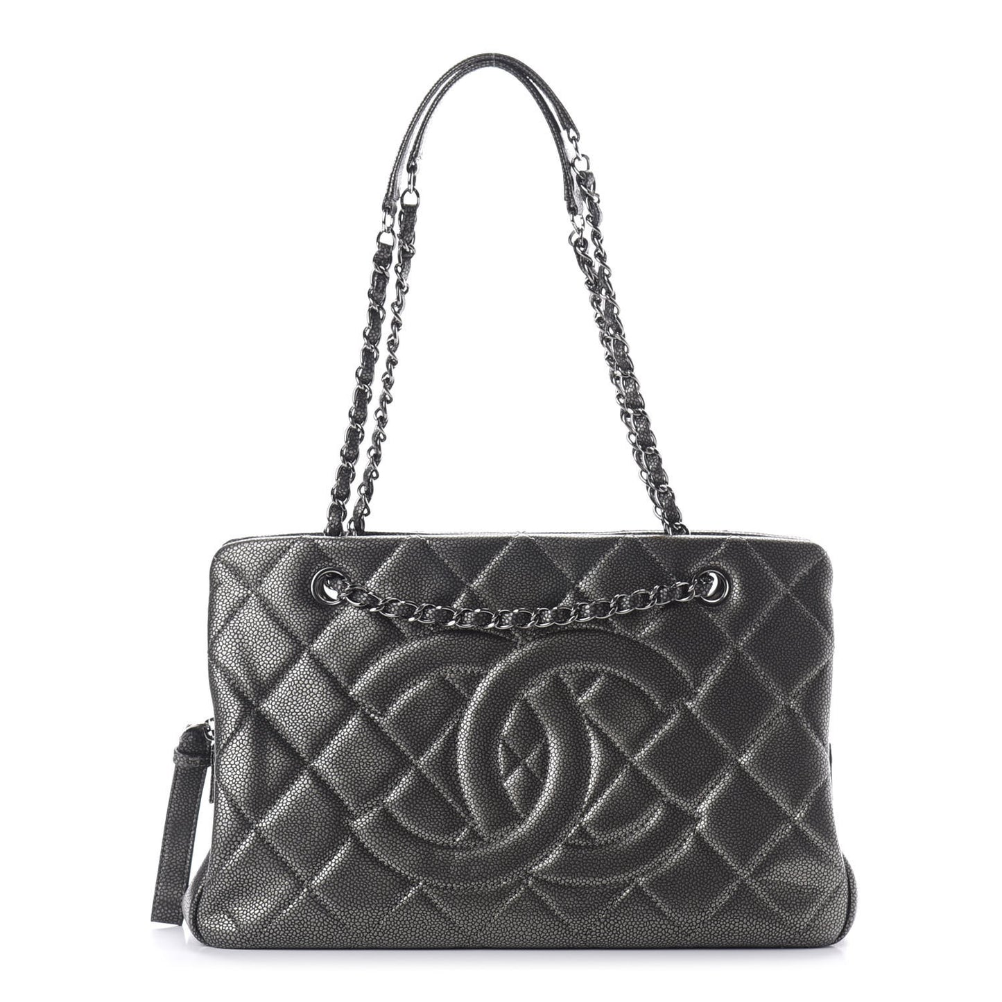 Metallic Caviar Quilted CC Tote Dark Silver