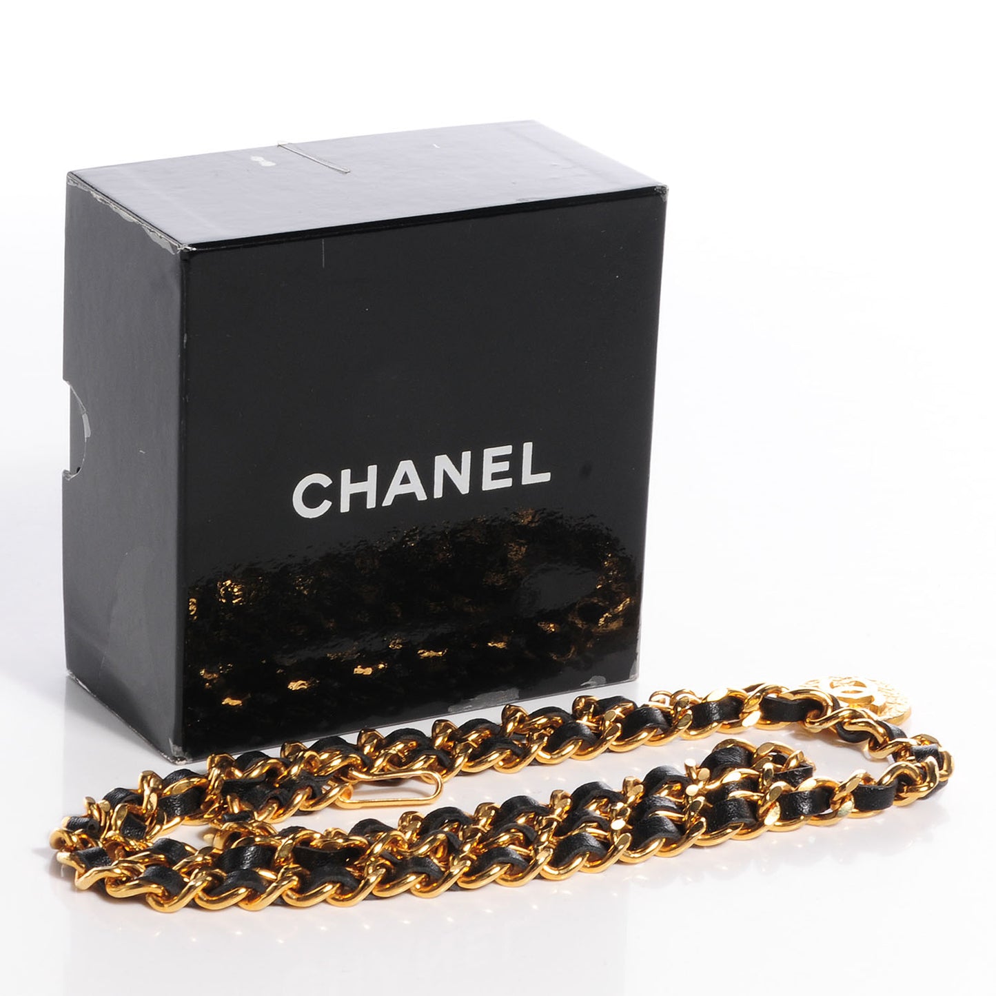 Leather Gold Chain Link CC Medallion Belt Black