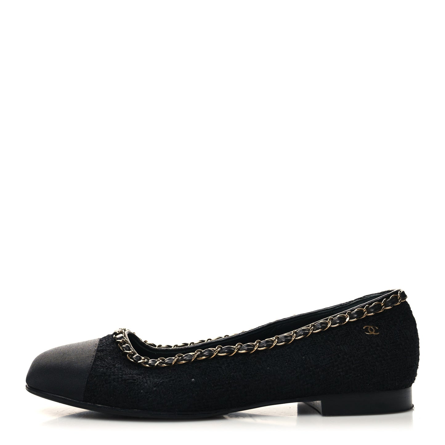 Tweed Grosgrain Chained Cap Toe Ballerina Flats 38 Black