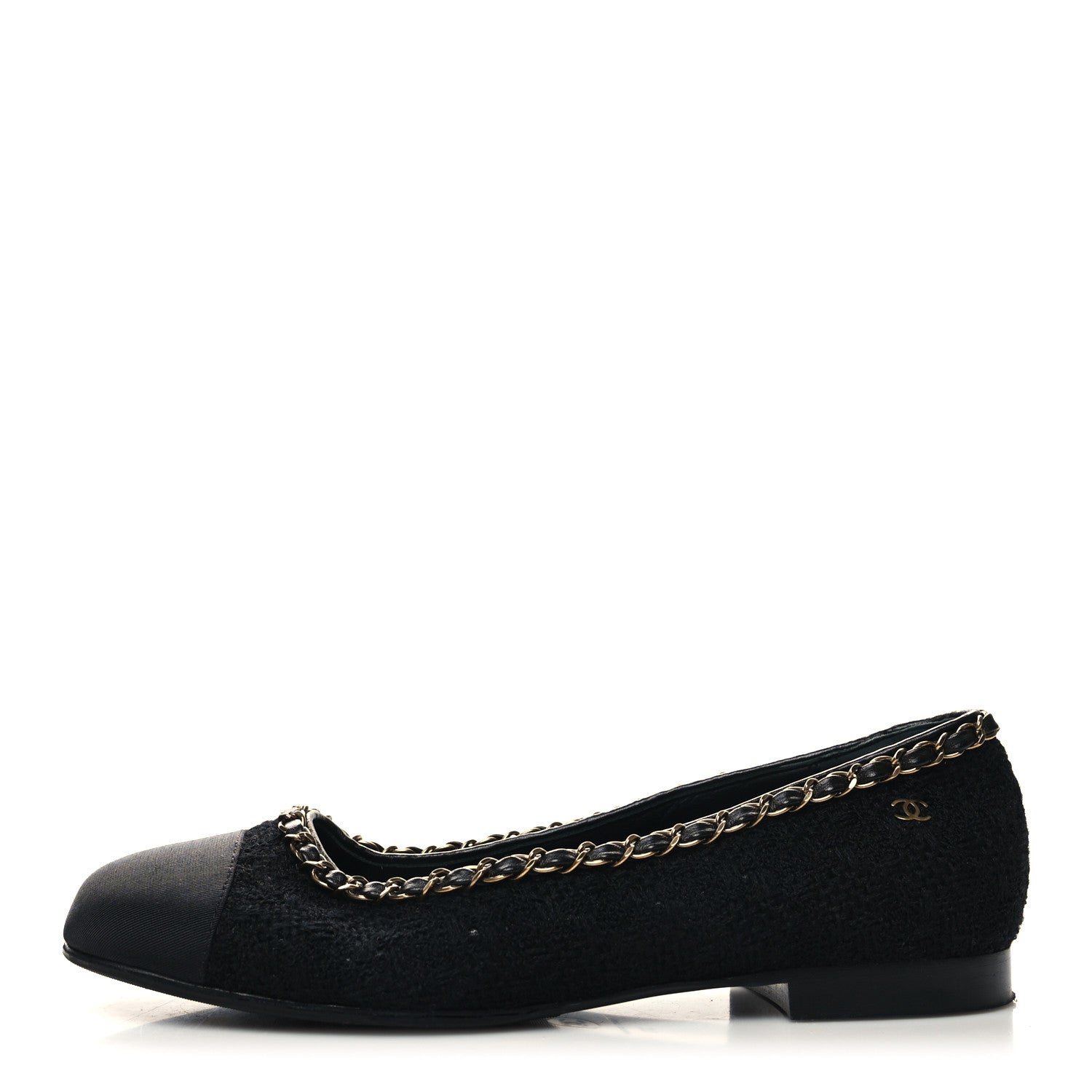 Chanel Tweed Grosgrain Chained Cap Toe Ballerina Flats 38 Black 1 of 8