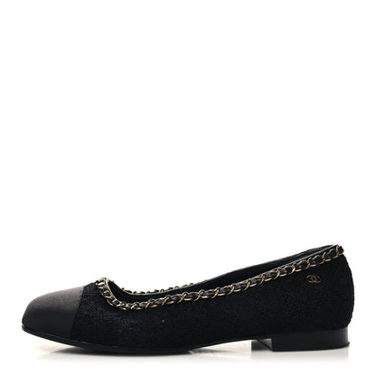 Chanel Tweed Grosgrain Chained Cap Toe Ballerina Flats 38 Black 1 of 8