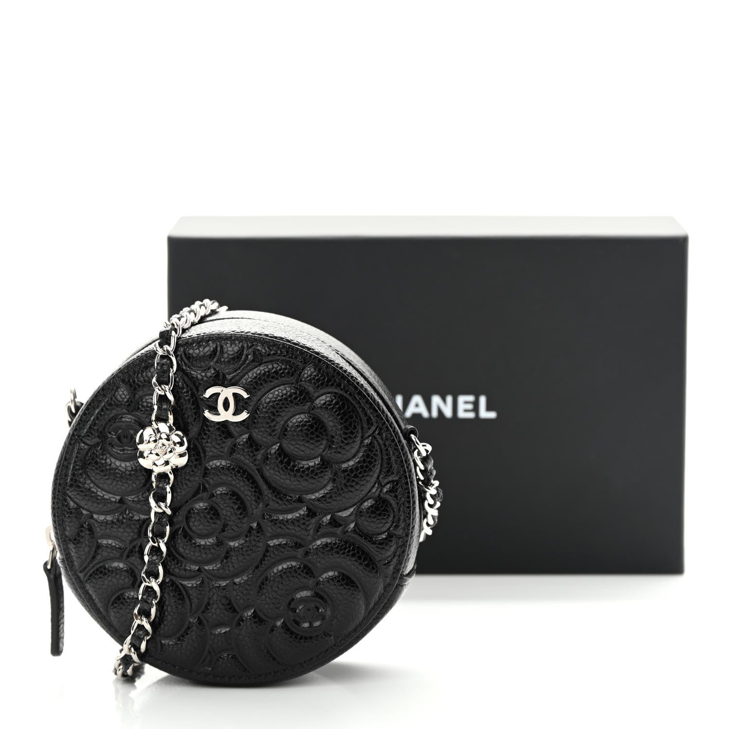 Chanel Caviar Camellia Embossed Round Clutch With Chain Black 11 of 11