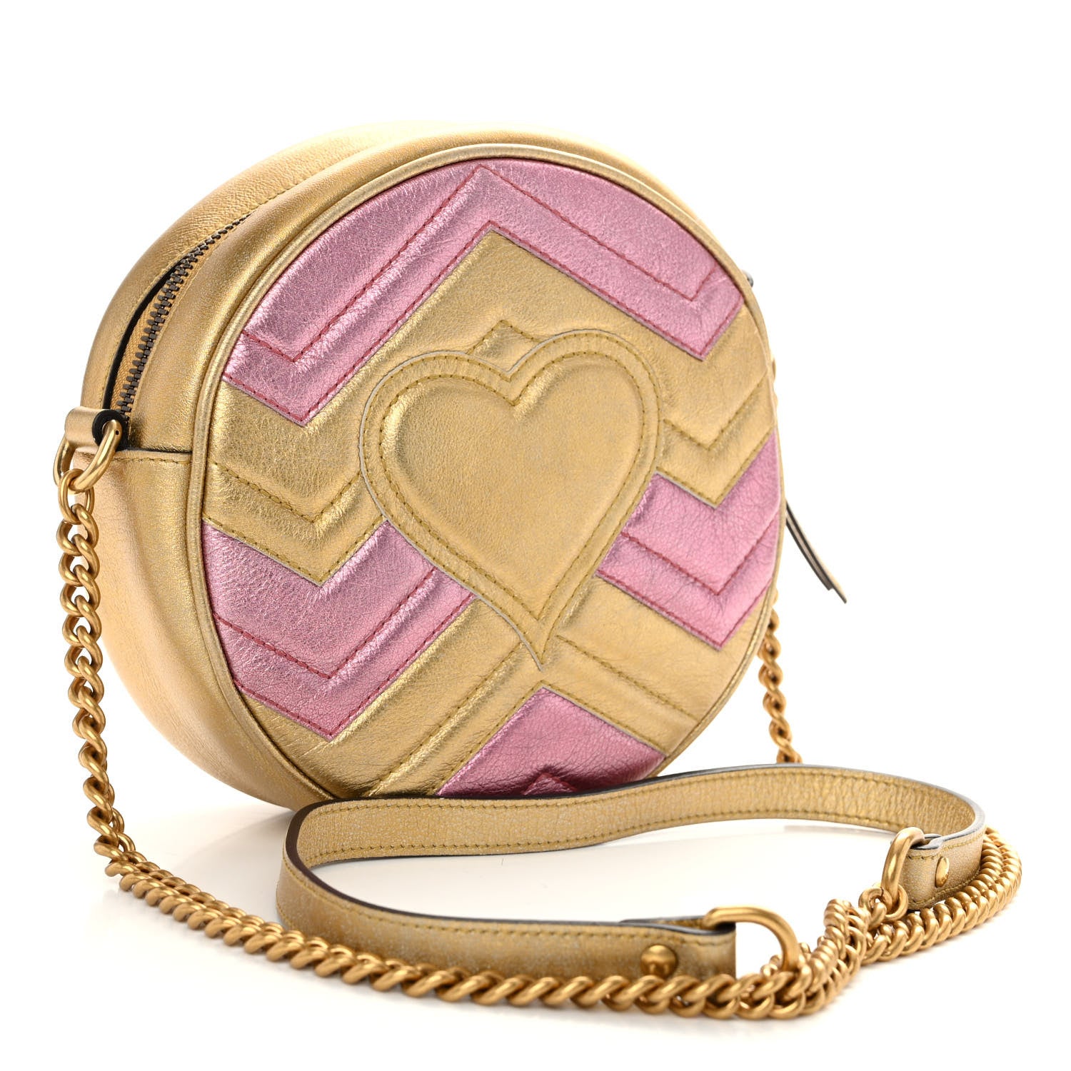Gucci Metallic Nappa Matelasse Heart Mini GG Marmont Round Shoulder Bag Oro Vecchio Rosa 3 of 11