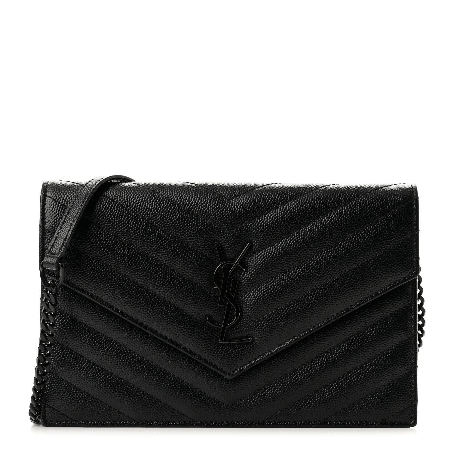 Saint Laurent Grain De Poudre Matelasse Chevron Monogram Monochrome Envelope Chain Wallet Black 1 of 9