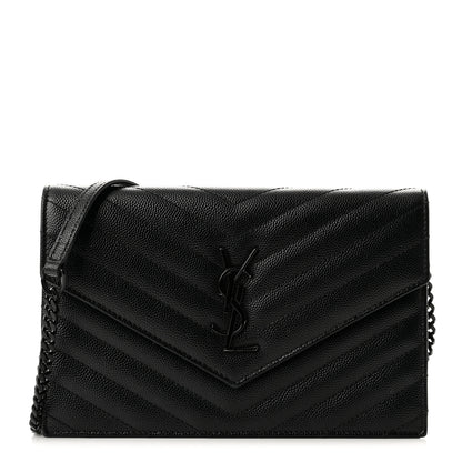 Saint Laurent Grain De Poudre Matelasse Chevron Monogram Monochrome Envelope Chain Wallet Black 1 of 9