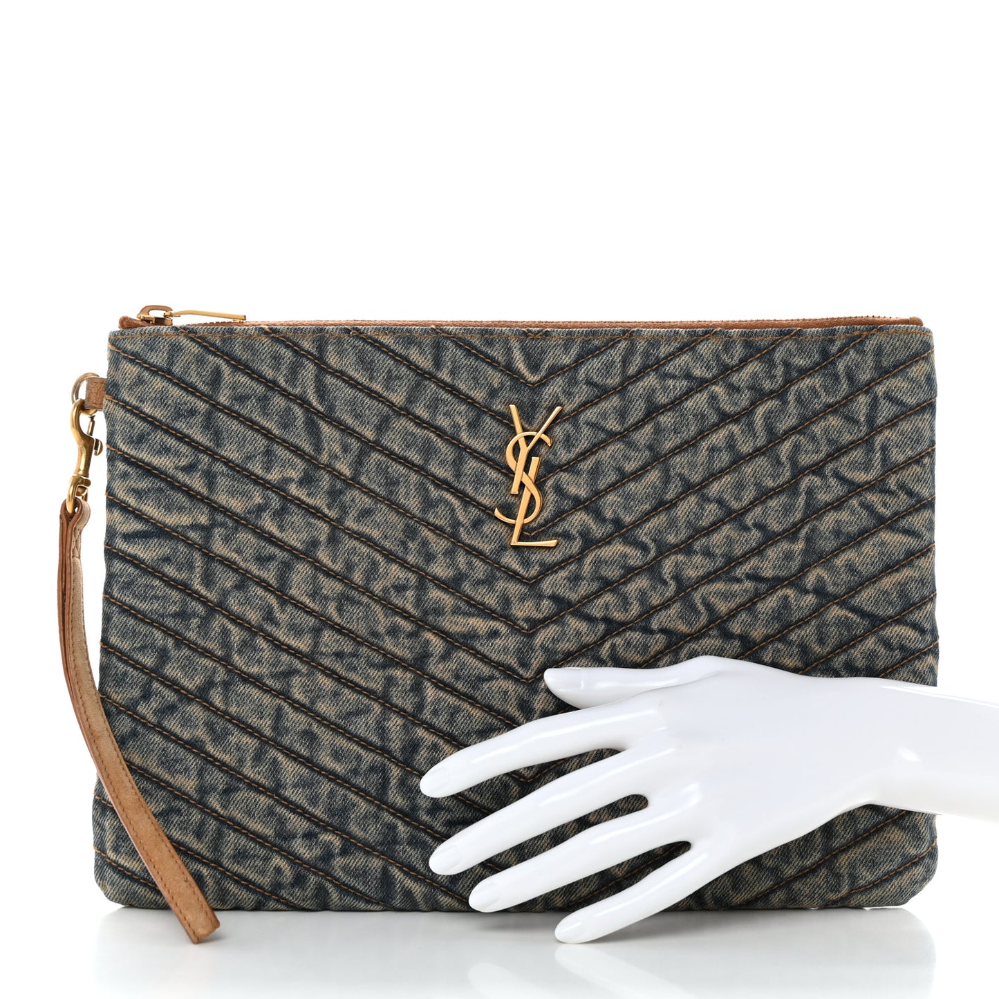 Denim Matelasse Chevron Monogram A5 Wristlet Blue