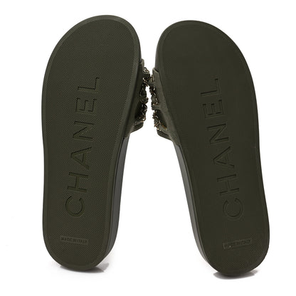 Chanel Canvas Chain Flat Sandals 38 Khaki 5 of 7