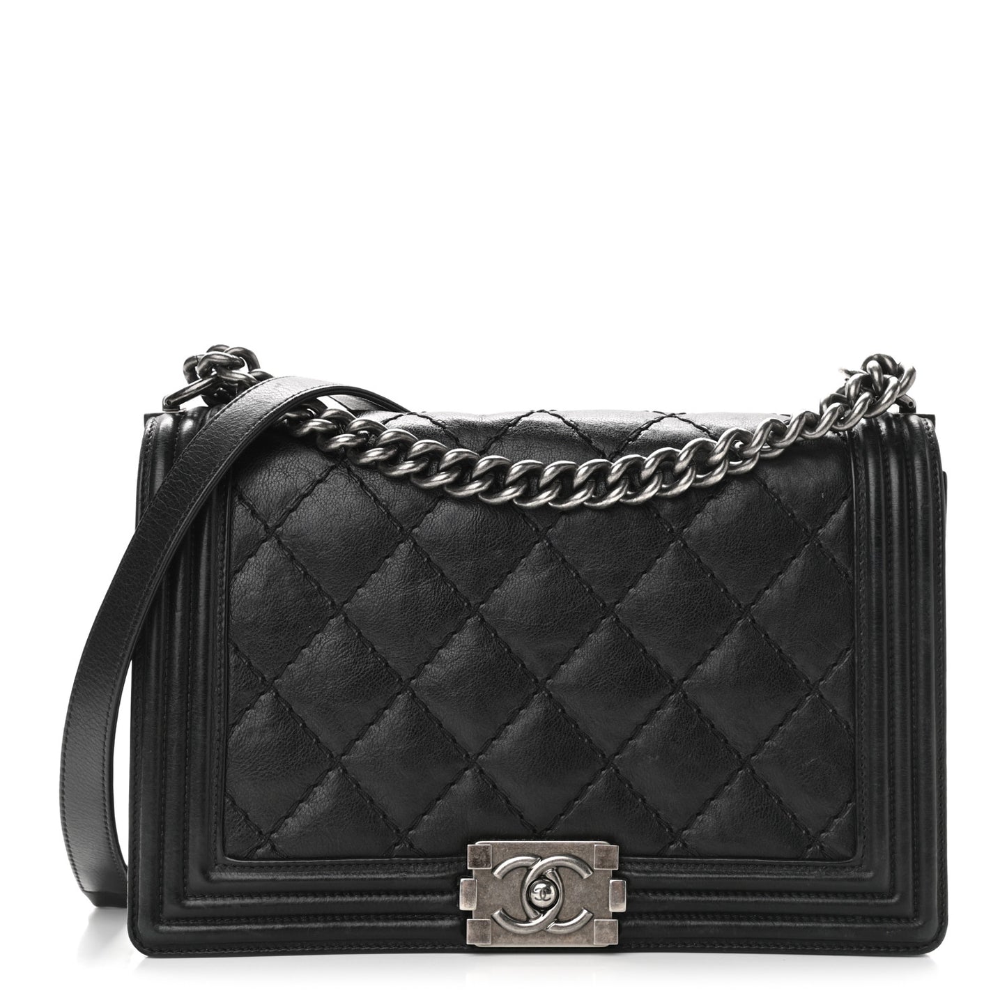 Calfskin Quilted Double Stitch New Medium Boy Flap Black