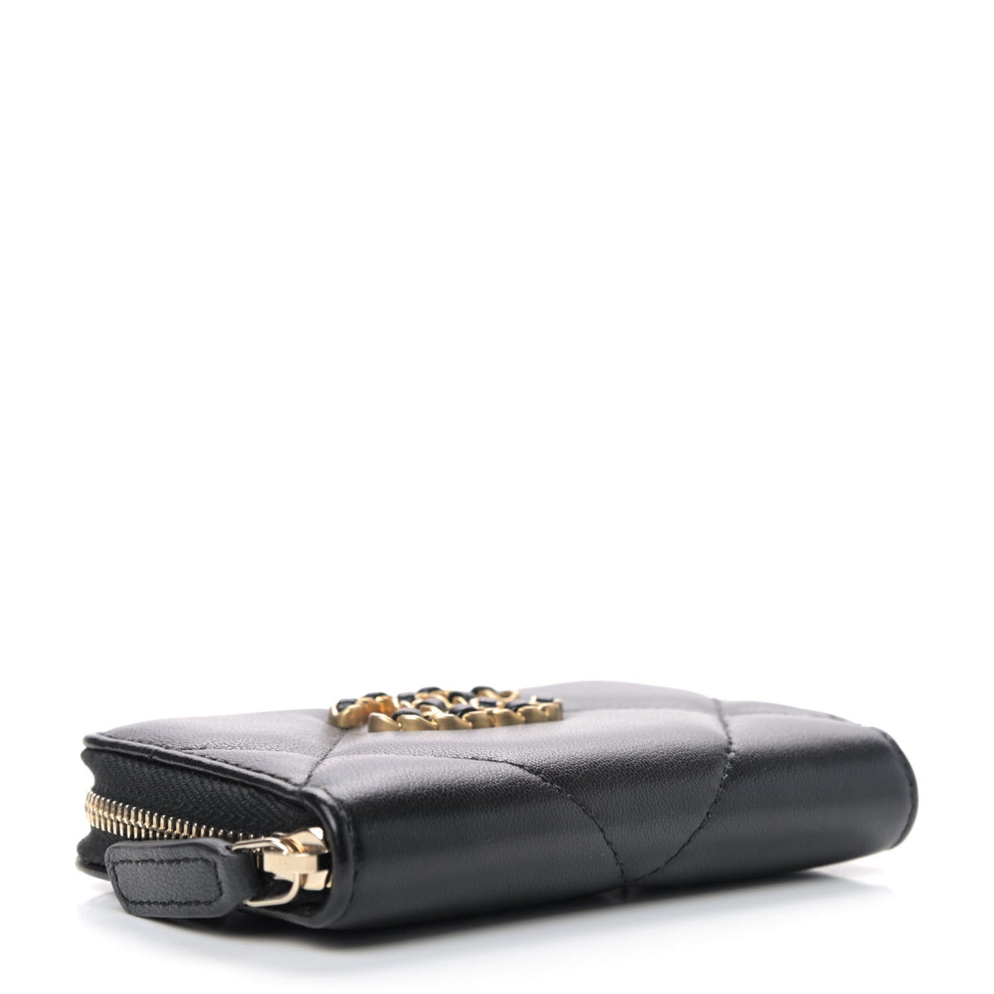 Lambskin Quilted Chanel 19 Zip Around Coin Purse Wallet Black