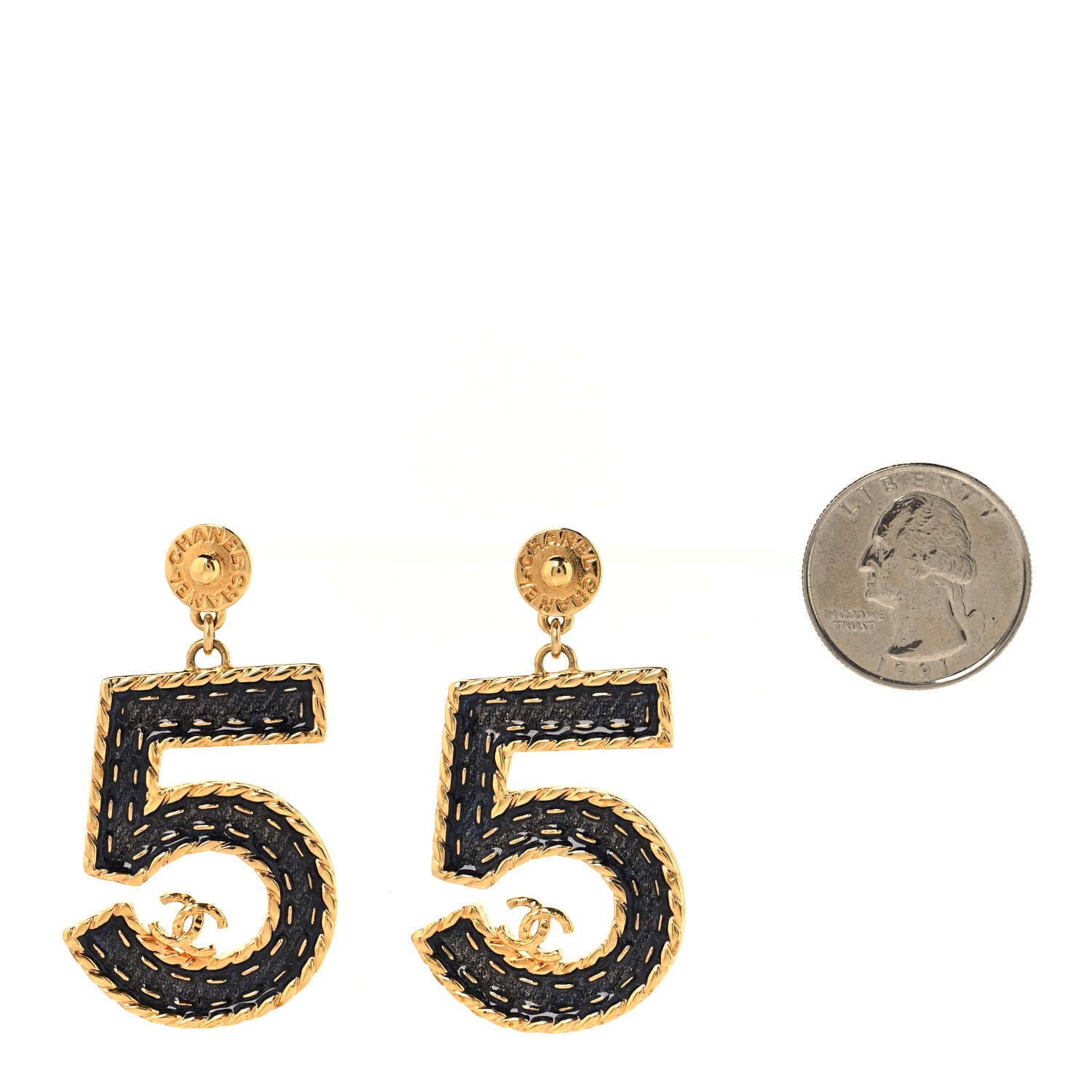 Chanel Metal Enamel CC No 5 Rope Drop Earrings Gold Denim Blue 2 of 5