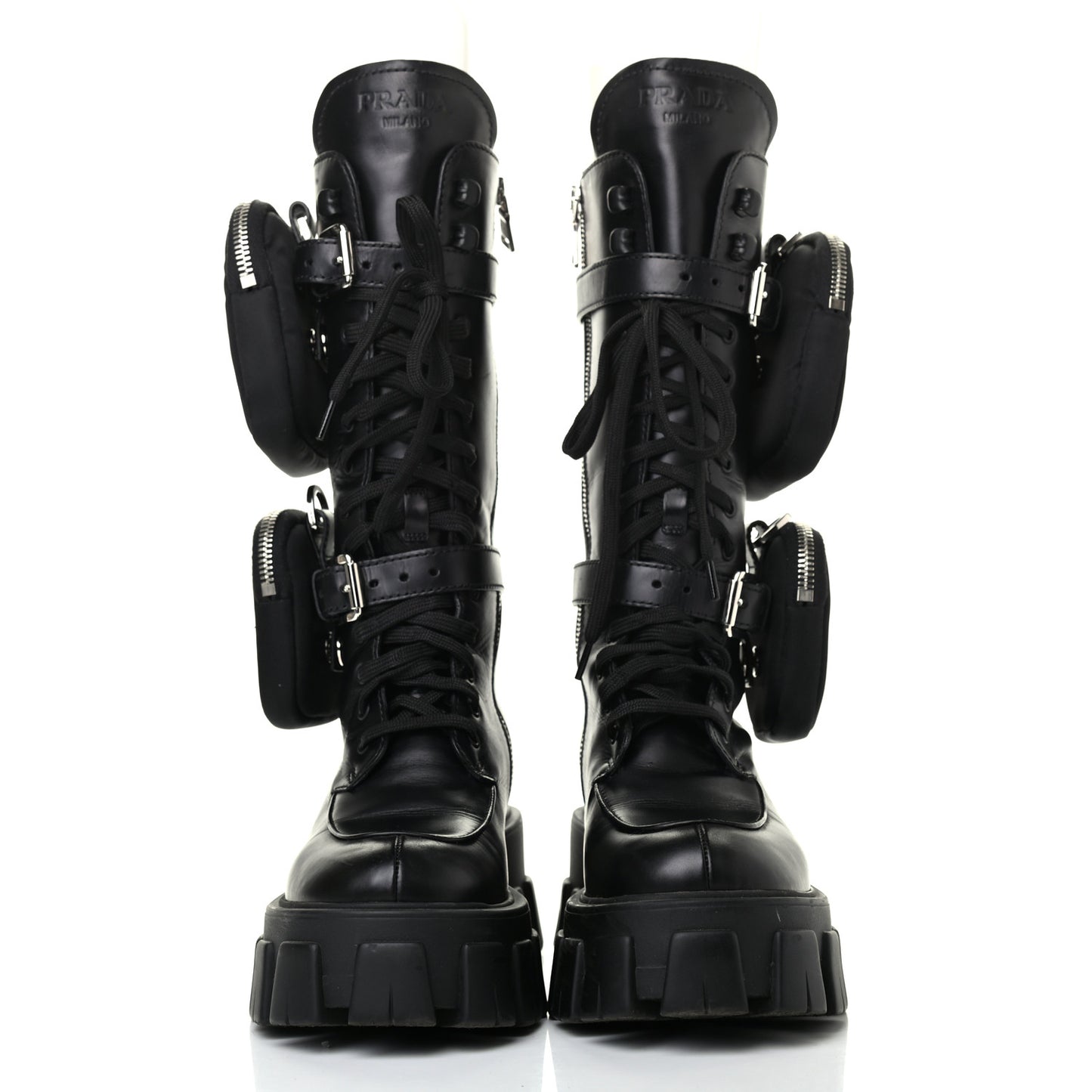 Vitello Lux Nylon Metal Triangle Logo Monolith Pouch Pocket 55mm Tall Combat Boots 35 Black