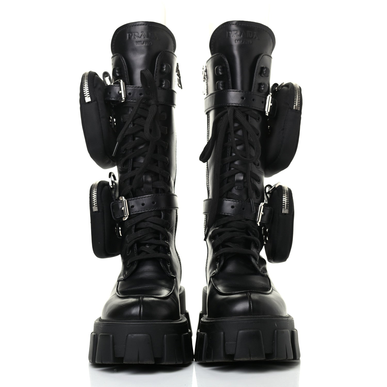 Prada Vitello Lux Nylon Metal Triangle Logo Monolith Pouch Pocket 55mm Tall Combat Boots 35 Black 2 of 8