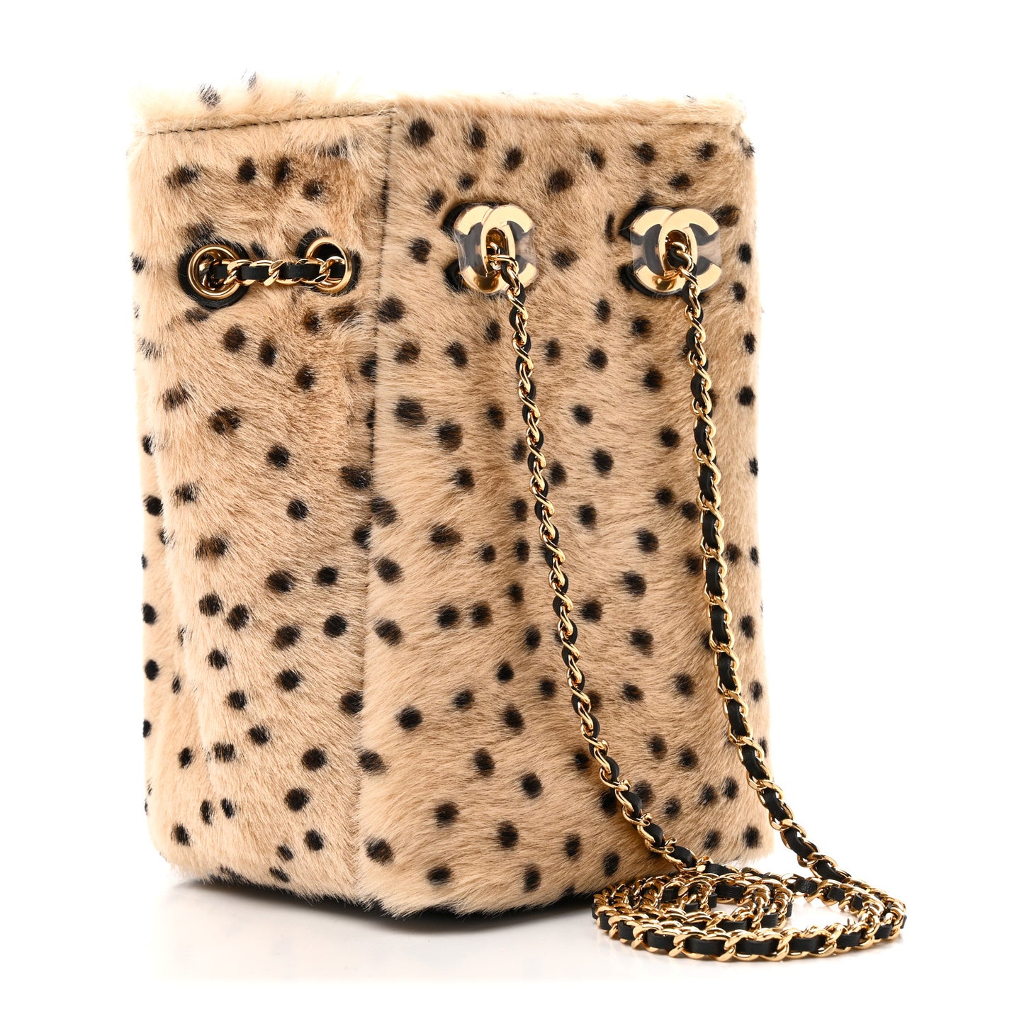 Pony Hair Cheetah Printed CC Chain Bucket Bag Light Beige Black