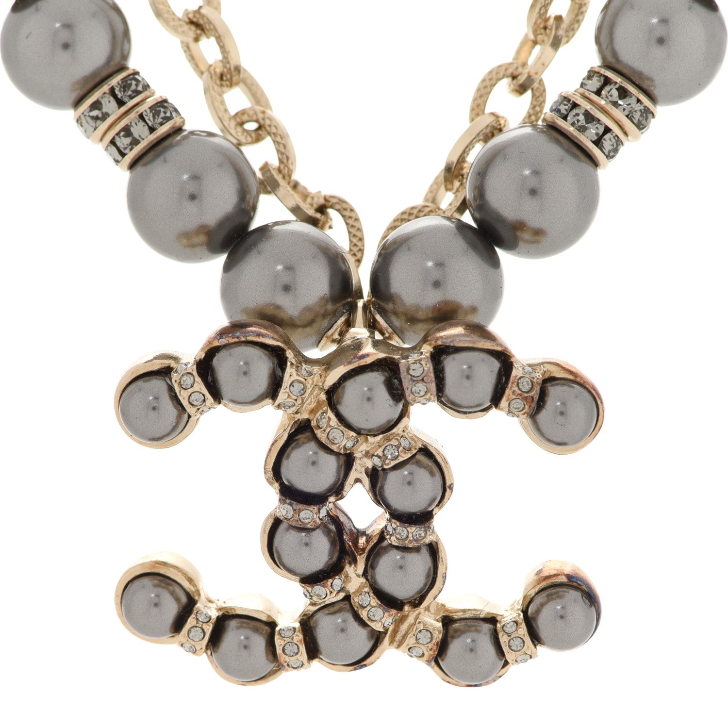Chanel Crystal Pearl Nefertiti CC Double Chain Pendant Necklace Gold Dark Grey 4 of 6