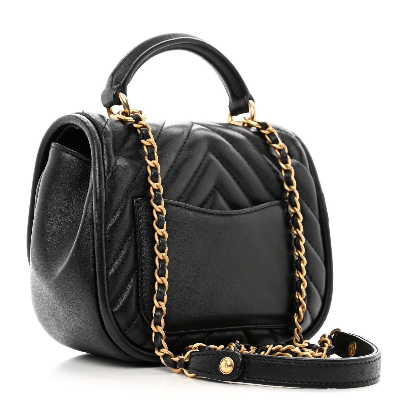 Lambskin Reverse Chevron Quilted Mini Round Top Handle Flap Black