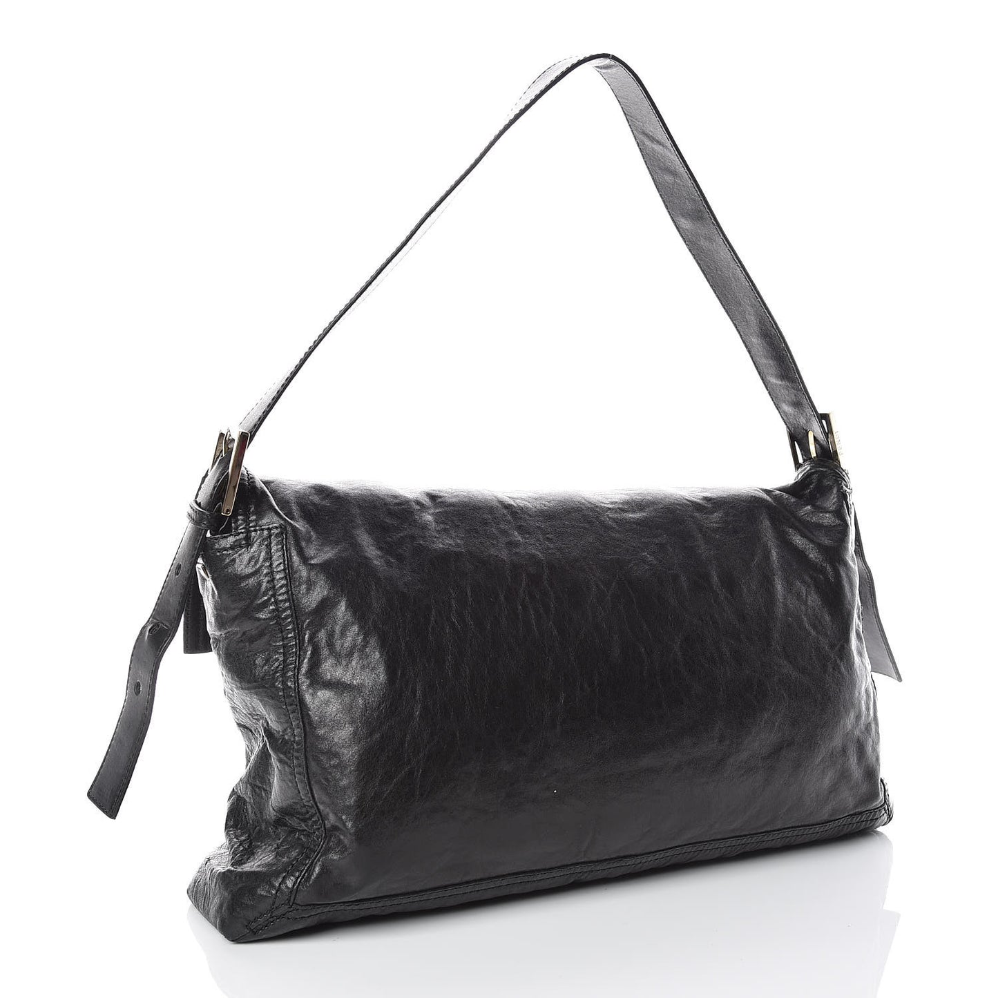 Crumpled Calfskin Fringe Large Convertible Baguette Black
