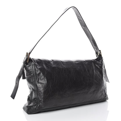 Fendi Crumpled Calfskin Fringe Large Convertible Baguette Black 3 of 18