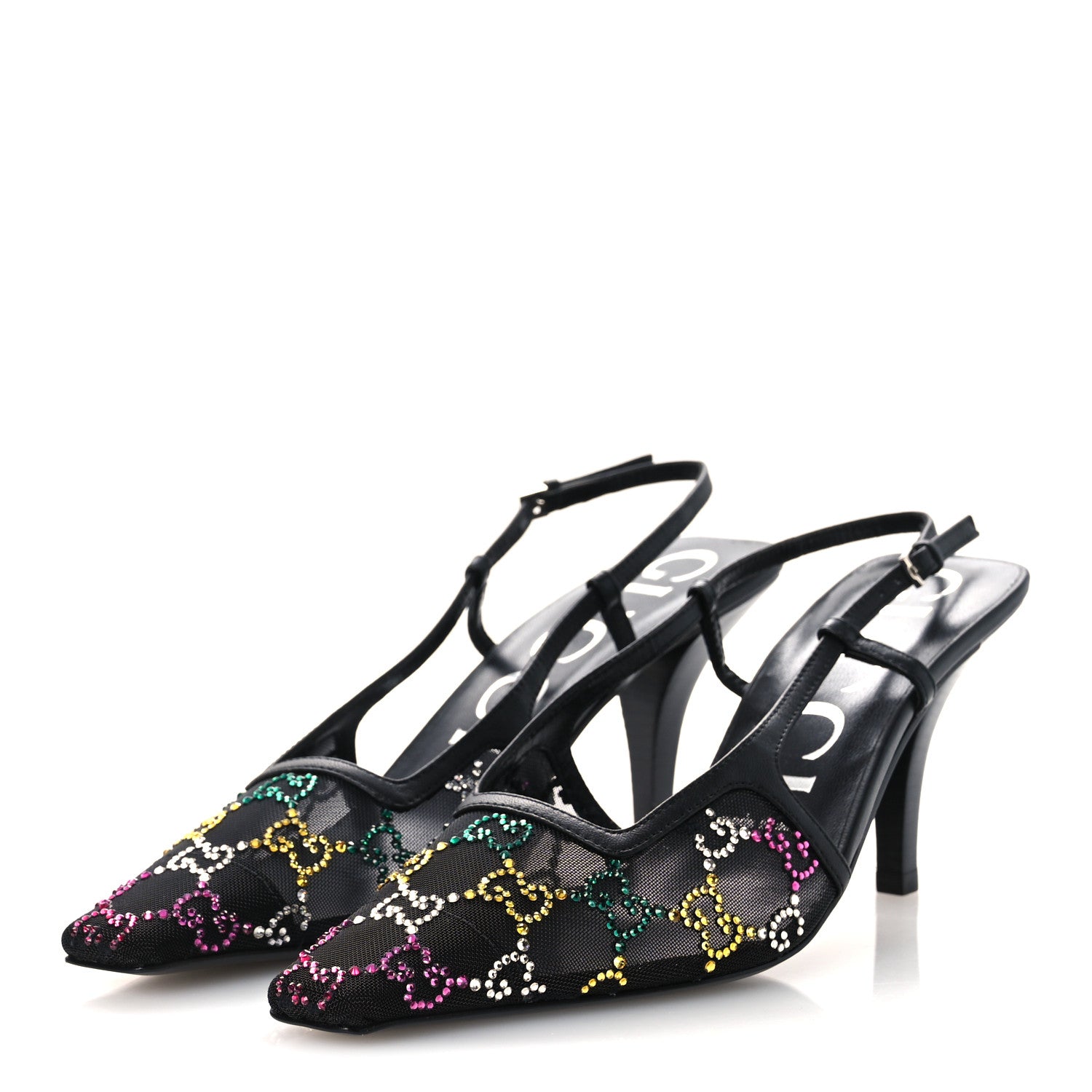 Gucci Tela Retino Nappa Charlotte Crystal GG Monogram Square G 75mm Slingback Pumps 37 Black 4 of 12